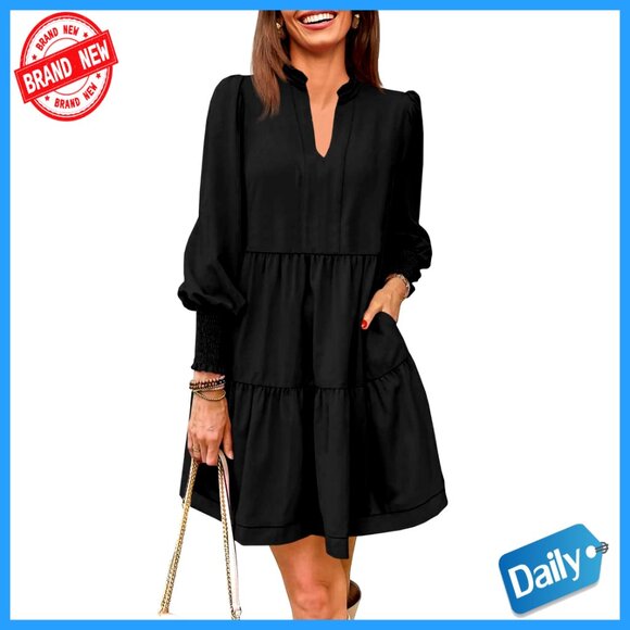 Dresses & Skirts - Long Sleeve Tunic Dress V Neck Ruffle Tiered Casual Elegant Fall Wear